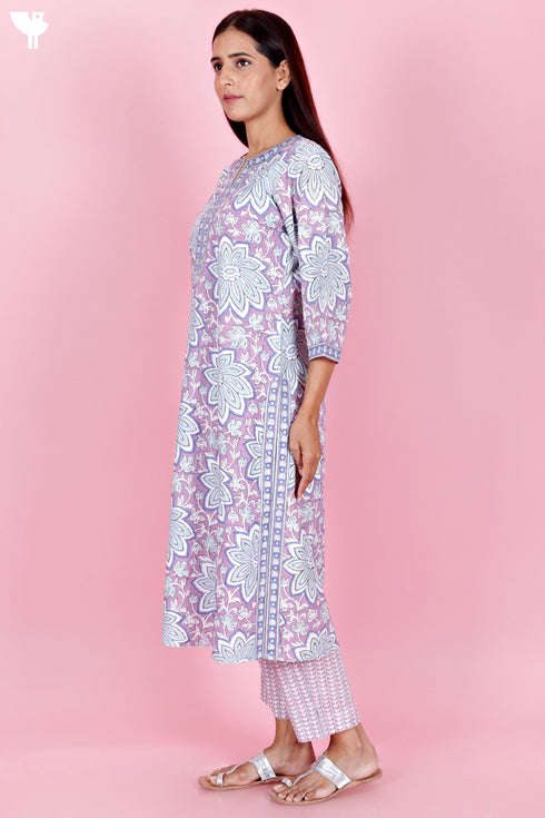 Bizzy Lizzy Cotton Kurta Pant Set With Chiffon Dupatta In Block Print